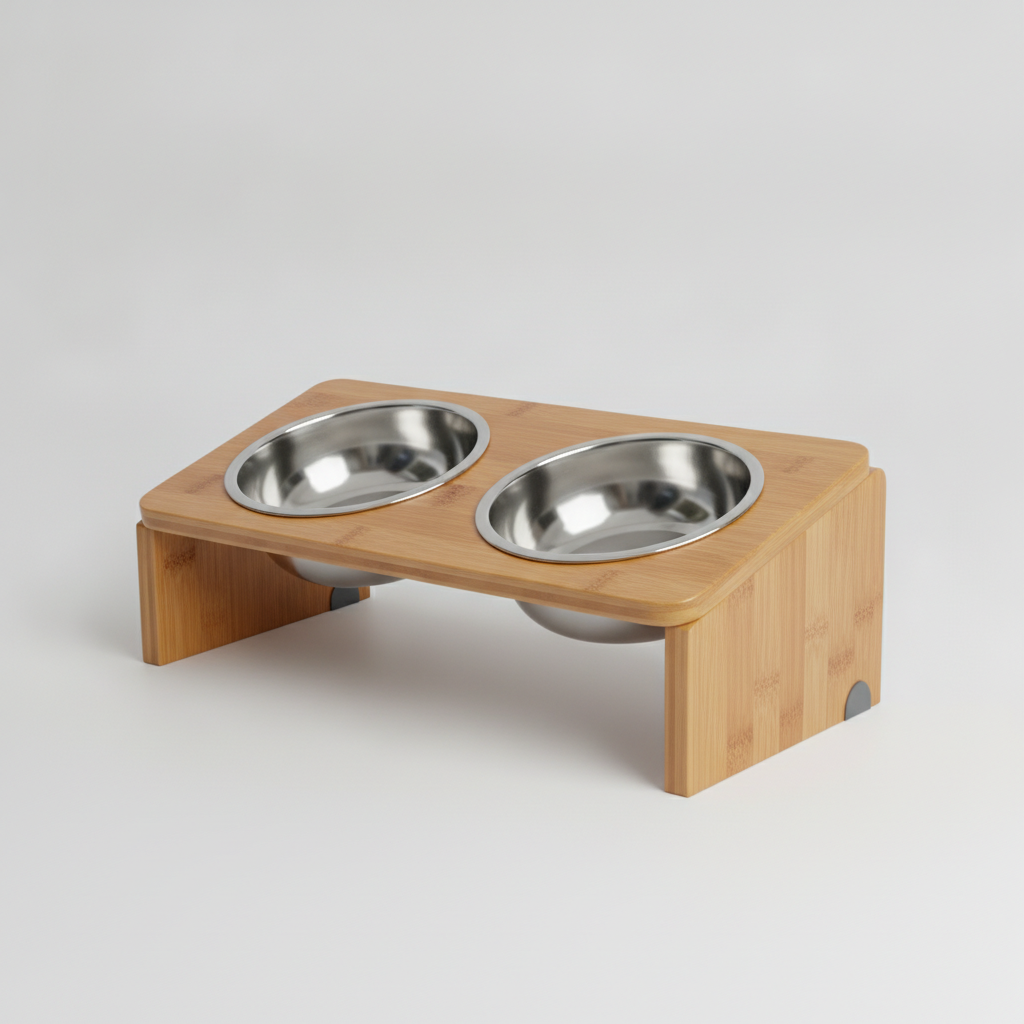 Double Gamelle Surélevée Bambou — Inox Amovible